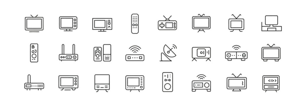 Extensive collection of line icons featuring televisions, remote controls, and network devices for home media and digital connectivity.
