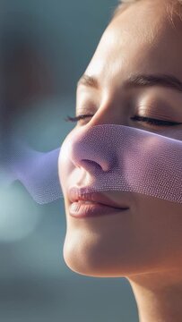 Vertical video: Appearing orbs crossing woman's profile in studio, purple mesh creating skin glow