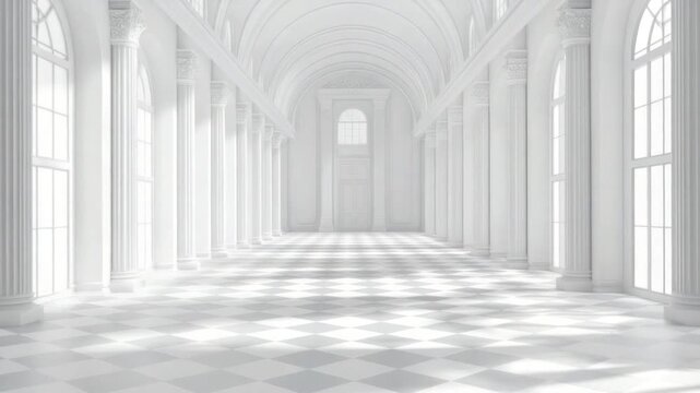 A white, classical interior with columns, arched windows, and checkered floor. Light streams down the hall