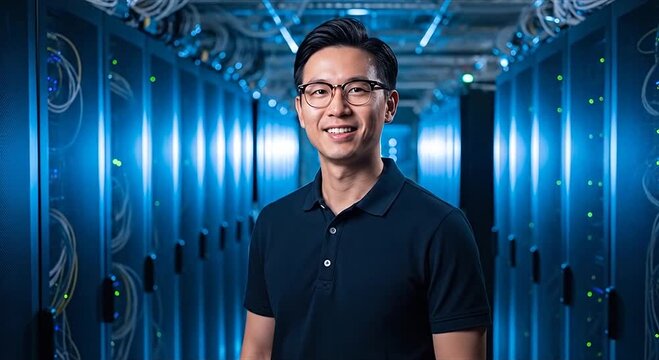 Smiling Asian man in glasses and polo shirt in front of blue glowing server racks