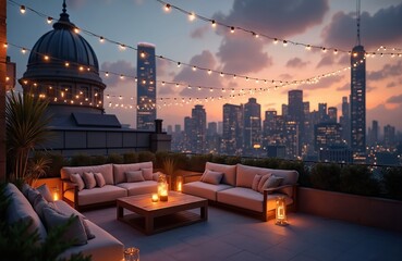 Obraz premium Rooftop lounge with sofas and table offers city skyline view at dusk. String lights create cozy ambiance. Modern outdoor seating area for urban relaxation with elegant decor.