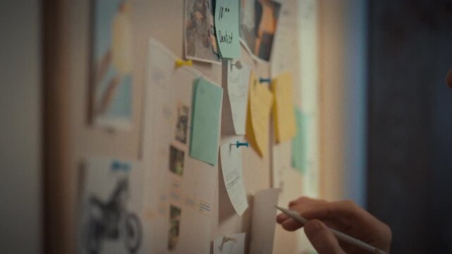 In a dimly lit office, a man methodically plans his work tasks using a whiteboard, planner, and sticky notes, writing with a pen as evening falls, illustrating his meticulous organization process
