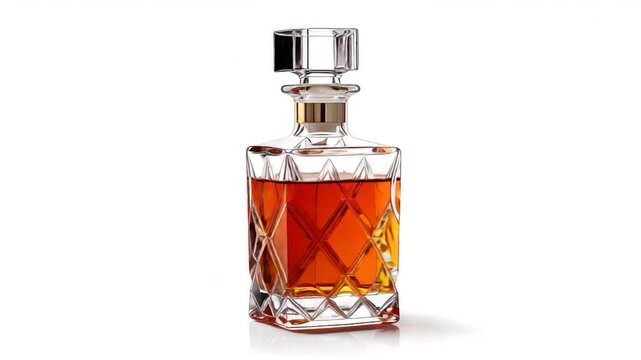 A crystal decanter with a faceted stopper and gold accents, filled with amber liquid