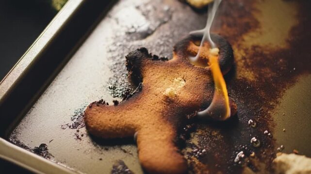 Burnt gingerbread man cookie on baking tray Christmas cooking fail close up. Overcooked holiday dessert with charred edges on messy baking sheet, ruined festive pastry after kitchen mistake, funny bak