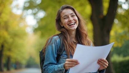 Fototapeta premium Joyful young woman with long hair laughs heartily holding paper outdoors. She wears denim jacket with backpack, enjoys sunny day in park with trees, possibly student or tourist.