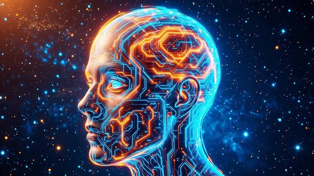 Human head with glowing circuit brain