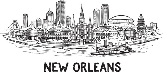Classical new orleans city sketch with iconic landmarks and historical riverboat transport © Bakalia