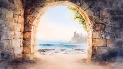 Fototapeta premium Serene coastal view through stone archway watercolor illustration beach castle ruins soft sunlight