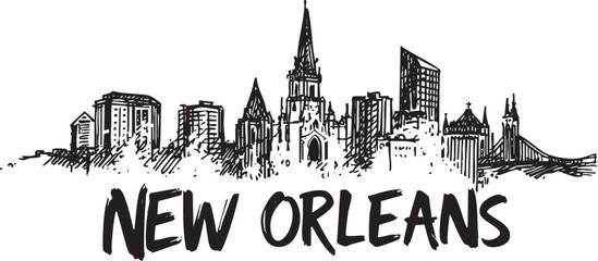Saint louis cathedral inspired new orleans city skyline sketch with expressive brush fonts © Bakalia