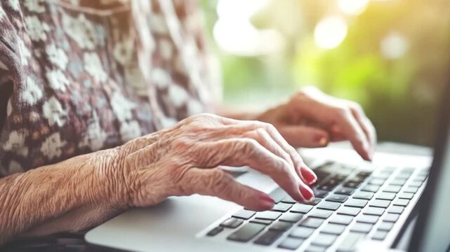 Aged hands typing on a laptop with a floral-patterned top. Sunlight shines in background