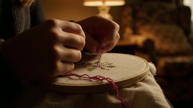 Close up of handcraft embroidery using thread indoors or Close up of hands stitching fabric with thread indoors