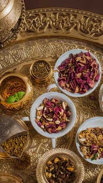 Vertical video: Tipping metal scoop pouring seeds into tray during gentle pan, with white bowls