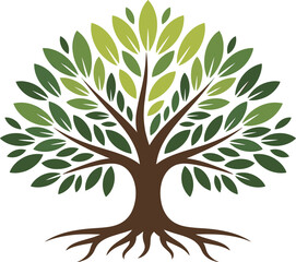 Obraz premium Stylized symmetrical tree illustration with thick trunk, spreading roots, and layered green leaves, symbolizing growth, nature, life, environmental awareness, family heritage, 