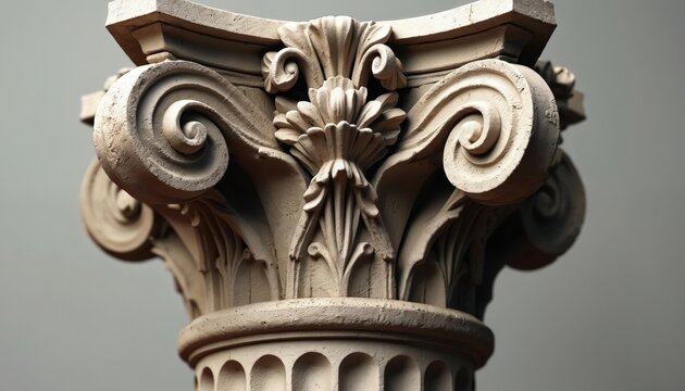 Close up view of ornate stone Corinthian capital with acanthus leaves and scrolls. Classical architecture detail shows floral carvings, elegant design, and ancient stonework.