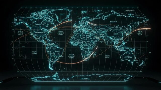 Neon world map with glowing flight routes, grid overlay and data lines forming futuristic global communication network visualization