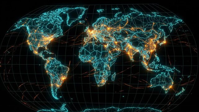 Neon world map network with glowing nodes and data routes connecting city hubs showing global communication and digital connectivity energy