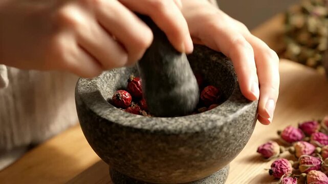 Close up of hands grinding berries in mortar or Close up of hands preparing berries in kitchen