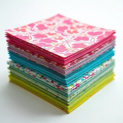 Stack of colorful square papers with floral and geometric patterns in pink blue green yellow. Papers layered on white background for crafting or art.