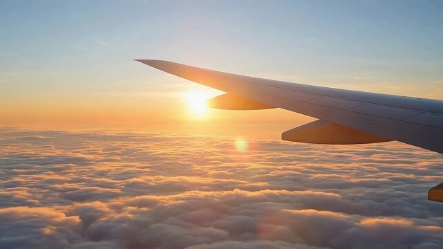 Airplane wing at sunset above clouds