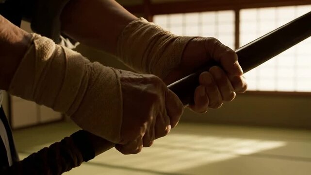Close up of hands holding stick inside room or Close up of wrapped hands holding weapon in interior