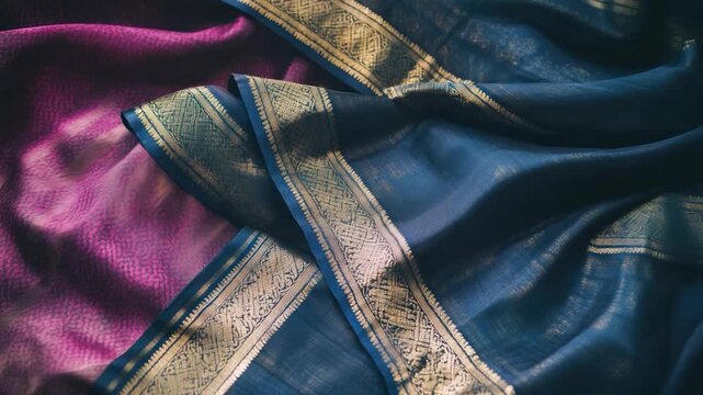 Close-up of draped fabric, featuring patterned magenta & deep blue textiles, with gold border detail