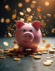 Pink piggy bank with coins exploding outwards onto table surface. Scattered gold coins surround the money box, symbolizing savings and financial stress. Dramatic lighting creates bokeh effect.