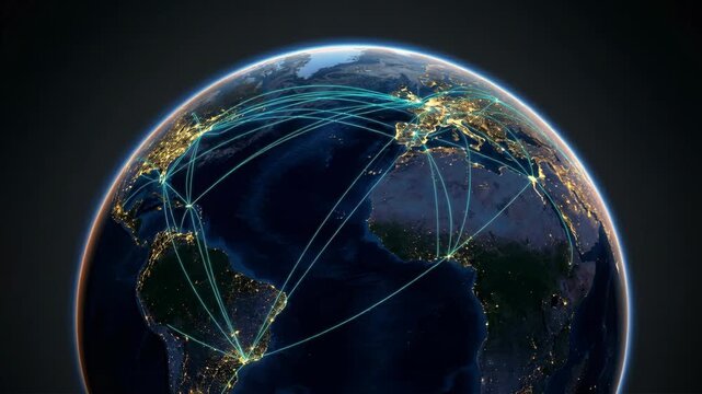 Global network connections over illuminated Earth night linking city light hubs and coastal outlines with dynamic communication paths and glowing