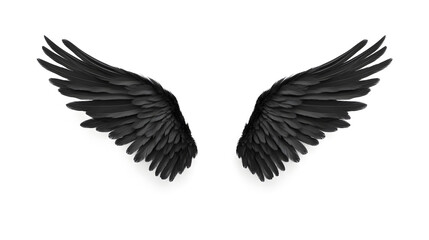 Black angel wings isolated on white background representing dark fantasy or gothic symbolism.