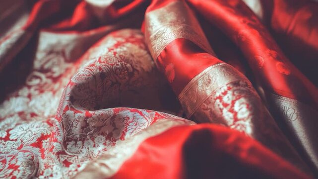 Close-up of richly patterned, vibrant red and gold textile with intricate designs and detailed borders