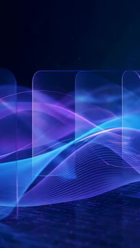 Vertical video: Opening blue purple ribbons sweeping across dark stage, forming three glass panels