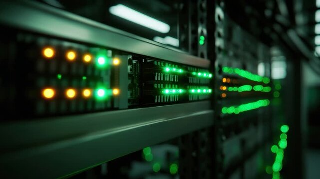Close-up of server racks with blinking lights in a data center, indicating active data processing