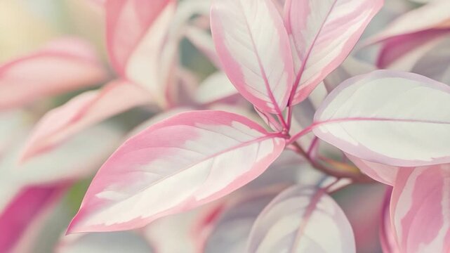 Close-up of variegated leaves, showcasing soft pink and white hues, on thin stems