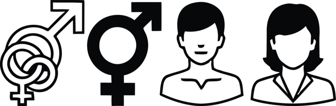 Gender symbols and human icons representing male female and androgynous or transgender individuals