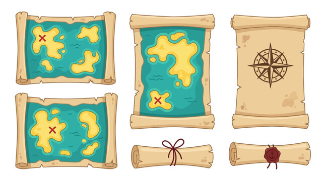 Cartoon Pirate Treasure Map Set with Parchment Scrolls and Nautical Compass