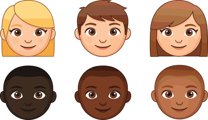 Cute Kids Avatar Face Icon Set with Diverse Children Characters for School Projects, Educational Materials, User Profiles and Cartoon Vector Illustration Design.