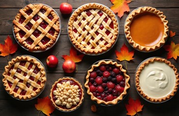 Fototapeta premium Assortment of fall pies with fruit, cream fillings arranged on dark wood table. Apples, autumn leaves decorate scene, ready for Thanksgiving feast. Homemade pies look delicious, inviting for holiday