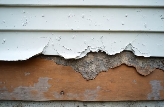 Damaged house exterior wall with peeling white plastic siding revealing weathered wood cladding and textured plaster. Evidence of hail impacts and material decay is visible on the structure.
