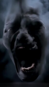Vertical video: Condensing thick smoke forming apparition in dark void, opening mouth, fading