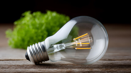 Fototapeta premium Energy saving LED light bulb placed near green moss symbolizing sustainable electricity and eco friendly technology concept.