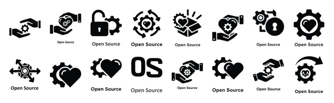 open source technology web icon set in silhouette style.