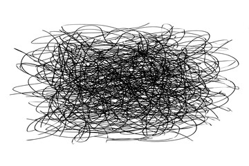Dense chaotic scribble drawing isolated on white background representing anxiety, confusion and tangled thoughts.