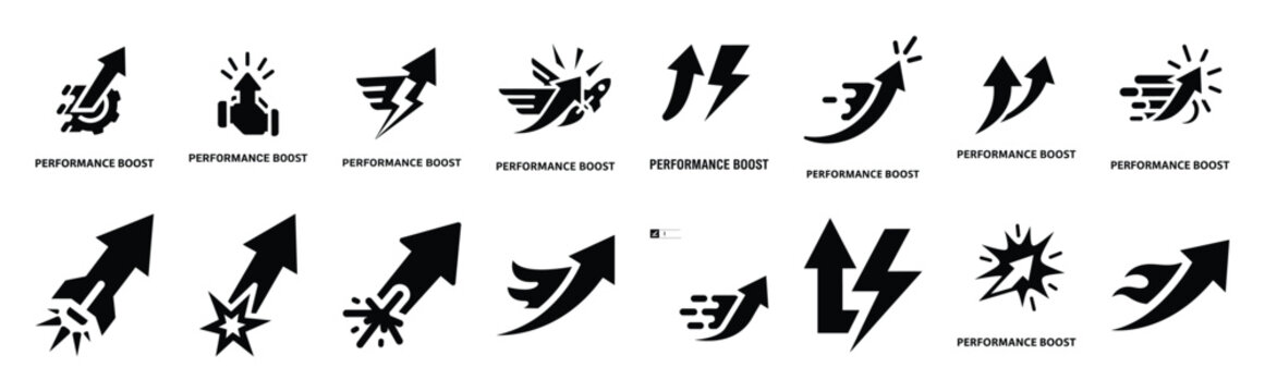 performance boost technology web icon set in silhouette style.