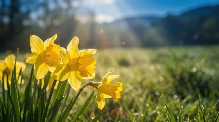 Fototapeta premium Vibrant daffodils blooming in lush green field with mountains