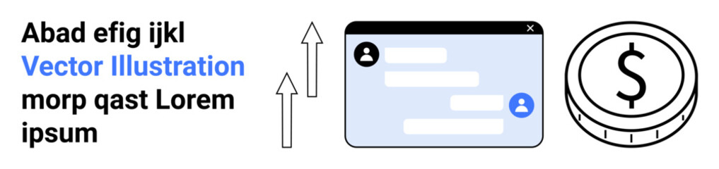 Obraz premium Financial growth, communication tools, online messaging, user interaction, digital economy, currency concepts. Messaging window, arrows and dollar coin icon. Financial growth and communication tools