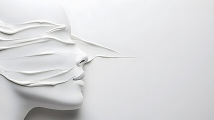 Abstract sculpture of human face formed by flowing white material creating artistic concept