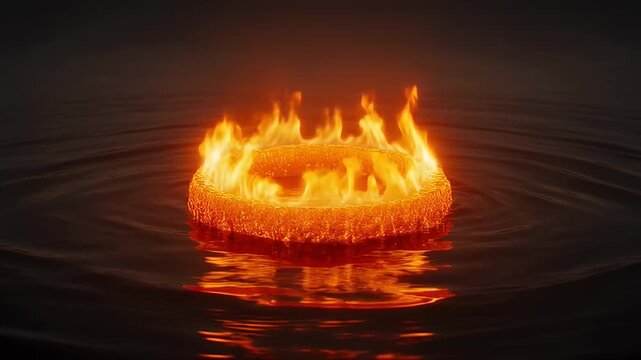 Ring of fire floating on water with dark and dramatic background