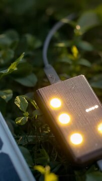 Vertical video: Flashing module dimming, lighting amber LEDs by panel on green ground as sun shifts