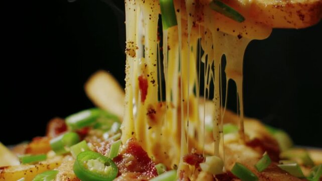 Golden french fries with melted cheddar cheese stretch macro close up slow motion. Crispy loaded fries topped with bacon jalapeno and fresh spring onions, indulgent comfort food snack dripping cheese 