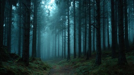 Obraz premium Misty Forest Path with Tall Trees and Ethereal Light.
