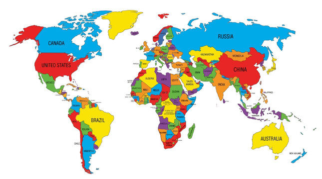 Colorful World Map Illustration with Country Names and Labeled Borders on White Background for Education and Travel